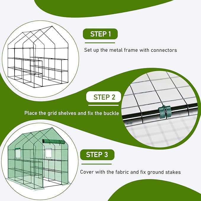 Outvita Walk-in Greenhouse, Outdoor Durable PE Plant Green House for Frost Protection with 3 Tiers 12 Shelves, Shelf Clips, Roll-up Zipper Door, 56"x85"x77" Green