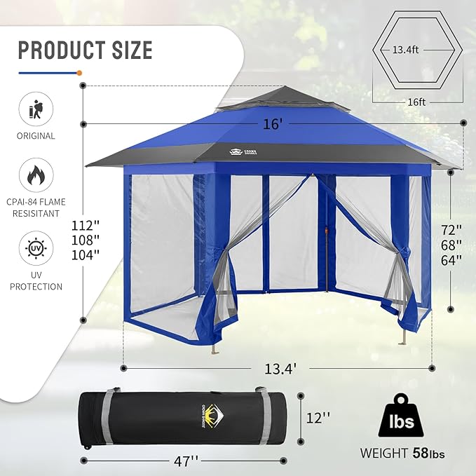 CROWN SHADES 13x13 Pop up Gazebo with Mosquito Nettings, Patented Center Lock 6-Sided Portable Gazebo, 300D Silver-Coated Fabric UV Resistant, Pop Up Canopy Tent for Patio, Party, Blue&Light Grey