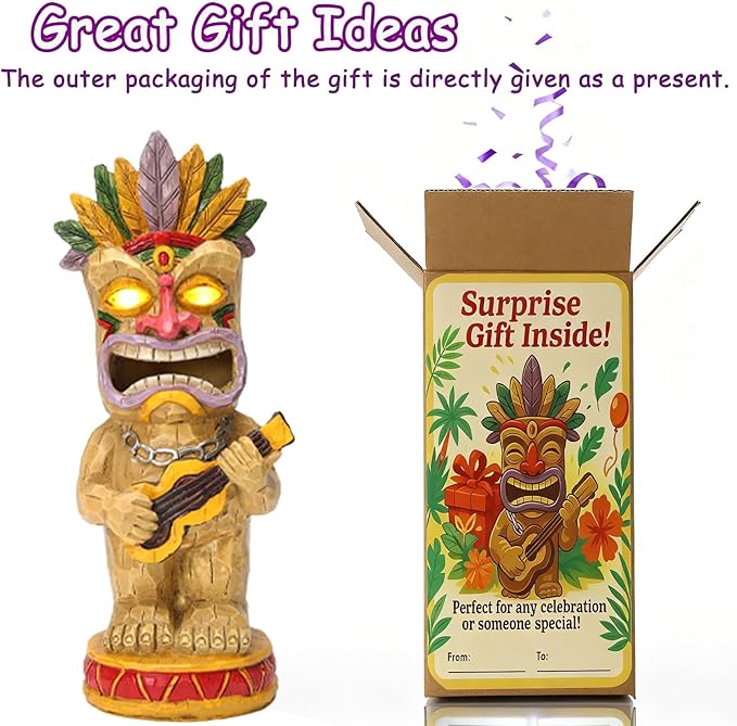 Solar Tiki Garden Statue with LED Eyes Outdoor Resin Ukulele Player Yard Decor Solar Light Hawaiian Style Lawn Ornament for Patio Porch Lawn Tiki Bar or Tiki Lover Funny Gifts