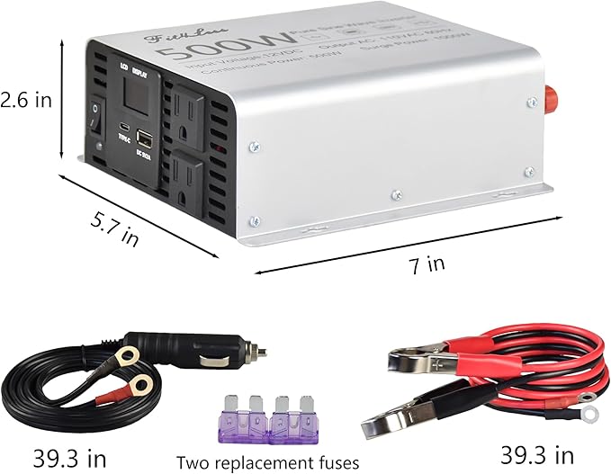 Pure sine Wave Inverter DC 12V Input and AC 110V Output with LCD Display, USB Output Port, Type-C Output Port(500W)