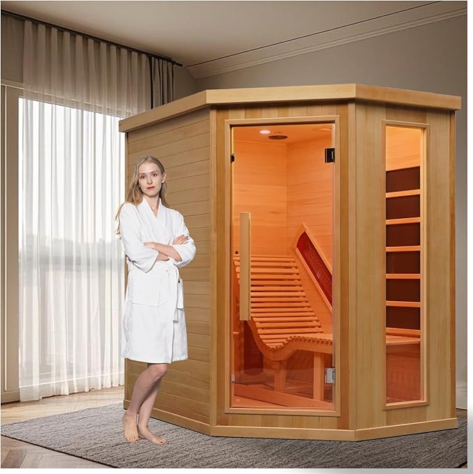 Smartmak Far Infrared Wood Sauna, 1 or 2 Person Full Spectrum Red Light Therapy Luxury Recliner Home Corner Sauna, Indoor Canadian Hemlock Dry Spa, 2300W with 8 Heaters, Speakers, Lights, Oxygen Bar
