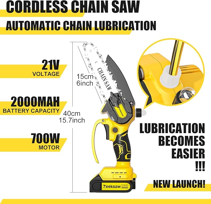 Cordless Mini Chainsaw 6 Inch, Auto Oiler &Tool-Box, One-Hand Handheld Electric Portable Chainsaw, Super Power Small Chain Saws 2x2000mAh Battery Operated, Hand Saw for Tree Wood Cutting Ranger