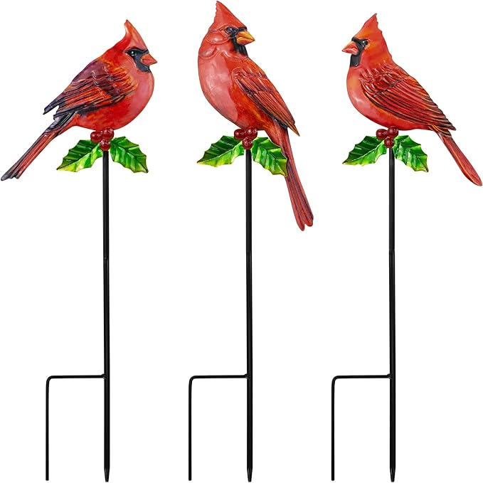 3 Pack Red Birds Metal Decorative Garden Stakes - 20 Inch Shaker Patio Decor Art and Rust Resistant Metal Garden Decor for Indoor and Outdoor Decor - Perfect for Patio and Lawn Ornaments