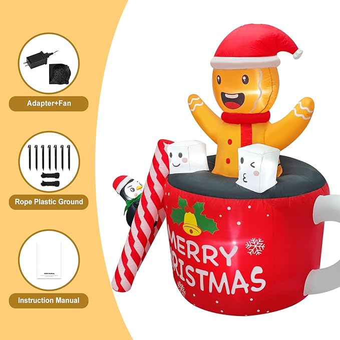 6FT Christmas Inflatables Outdoor Decorations, Navidad Blow Up Gingerbread Swiming in Hot Cocoa Mug Scene with Penguin Built in LED for Garden Lawn Xmas Decor Party