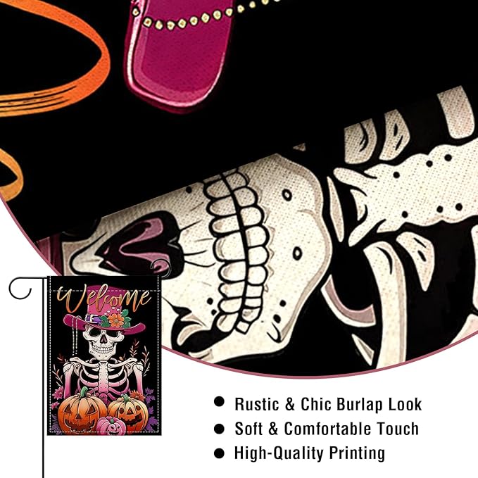 Artofy Welcome Halloween Gothic Skeleton Small Decorative Garden Flag, Pink Scary Skull Jack O Lantern Pumpkin Yard Lawn Outside Decor, Horror Flowers Burlap Outdoor Home Decoration Double Sided 12x18