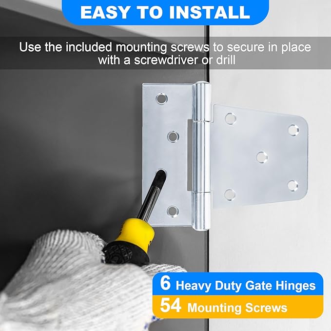 Heavy Duty Gate Hinges 3.5 inch 6 Pack Extra Thick Industrial T Hinges Barn Door Shed Door Hinges for Large Wooden Gates Wood Fence Outdoor - Zinc Iron Finish (Screws Included)