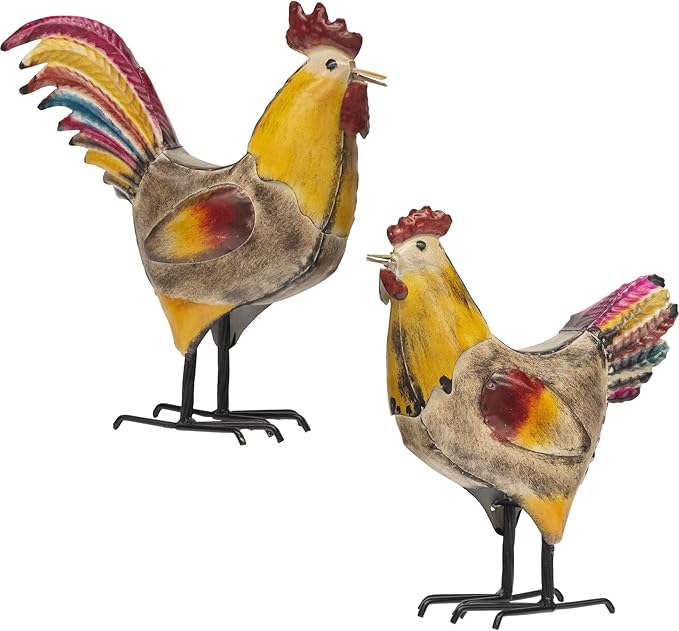 MODE HOME 2 Piece Metal Rooster Yard Decor Set, 12" Outdoor Chicken Statue for Garden, Farmhouse and Patio, Hand-Painted Metal Chicken Figurine, Rustic Chicken Yard Art and Outdoor Rooster Decor