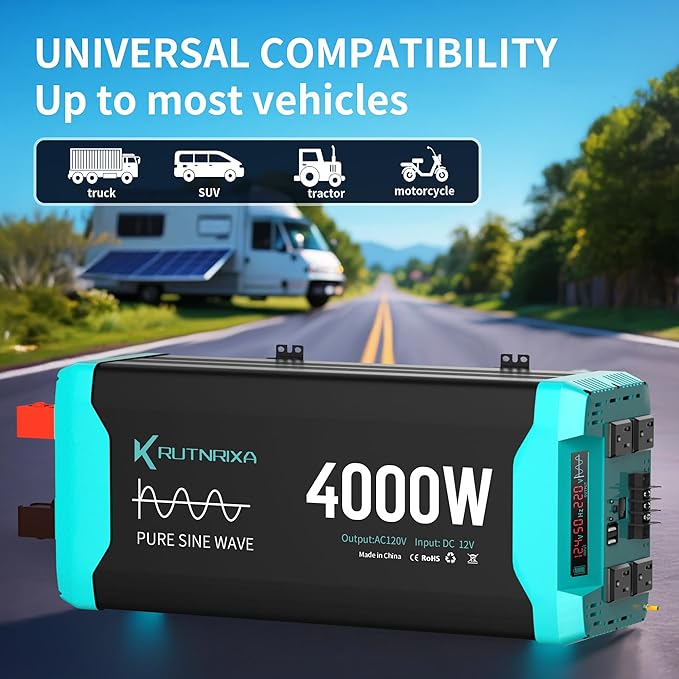 4000W Pure Sine Wave Inverter 12V DC to 120V AC for RV, Truck, Off-Grid, Home, Solar Car Power Inverter with Dual AC Hardwire Port, 20A Socket, 5V 2.1A USB
