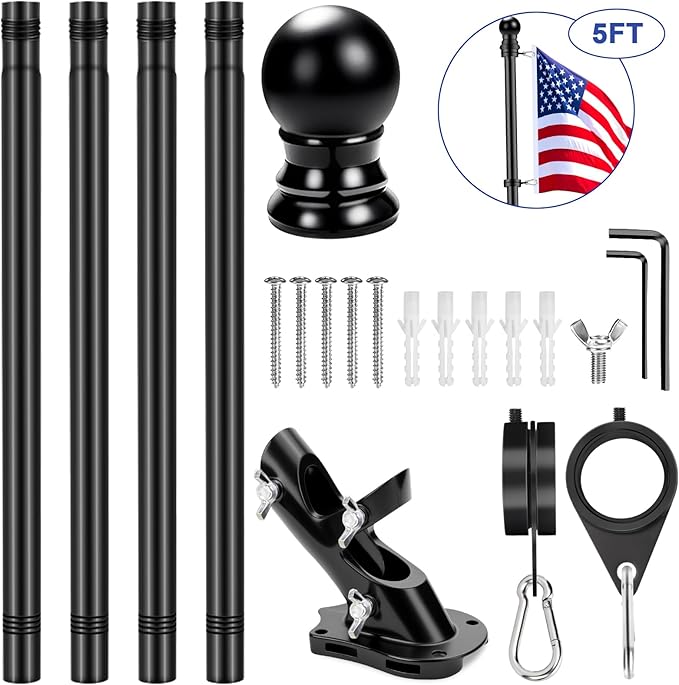 REERON House Flag Pole, 5 FT Metal Spinning Flag Poles Kit, 1" Tangle Free Stainless Steel Flagpole with 360° Flag Rings & 2-Position Holder Bracket for Outside House Porch Wall Mount for 3x5 Flag