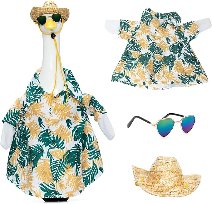 2 Set Porch Goose Outfits Hawaiian Summer Costume with Straw Hat and Glasses and Happy Birthday Outfit with Cake Hat and Bandana for 23" 17" Cement Plastic Goose Duck Lawn Decorations