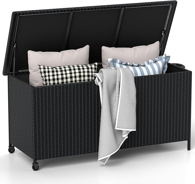 RELAX4LIFE 85-Gallon Deck Box with Wheels - Wicker Rattan Storage Bin Container w/Waterproof Liner & Gas Strut for Patio Cushions, Garden Tools, Pool Supplies, Indoor Outdoor Storage Box (Black)
