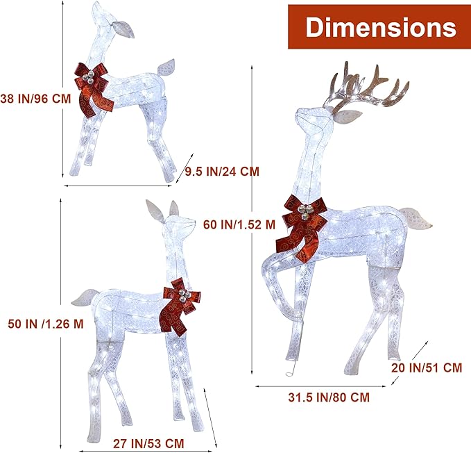 Lulu Home Christmas Yard Decoration, Set of 3 Pre-lit White Reindeer with 265 LEDs White Lights, 3D Light Up Glittered Standing Reindeer Family for Xmas Lighted Holiday Display Indoor Outdoor