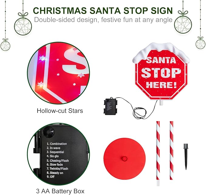 Christmas Santa Stop Here Sign with 30 Multi-color LEDs Battery Operated with Timer Christmas Stop Sign with Base & Stake Xmas Party Landscape Patio Decor