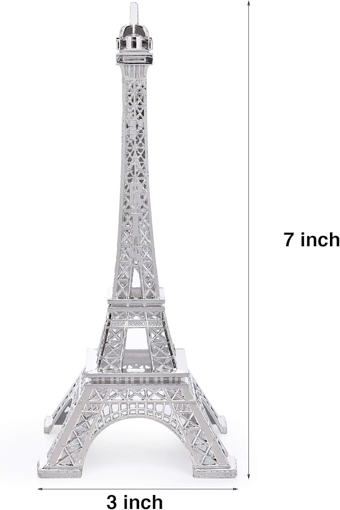 ESHATO Silver Metal Eiffel Tower Statue, 7inch Decorative Figurine Replica Stand Holder for Cake Topper Table Decor Gift Party Home Decoration