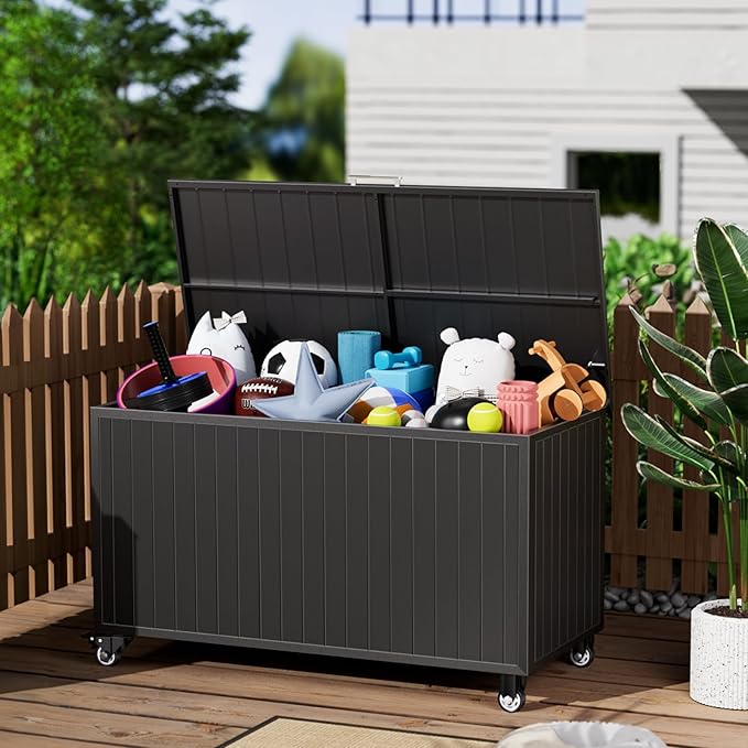 Outdoor Storage Box with Wheels 150 Gallon, Metal Deck Boxes Waterproof, UV Resistant Patio Storage Box with Lid for Patio Furniture, Garden Tools (Black)