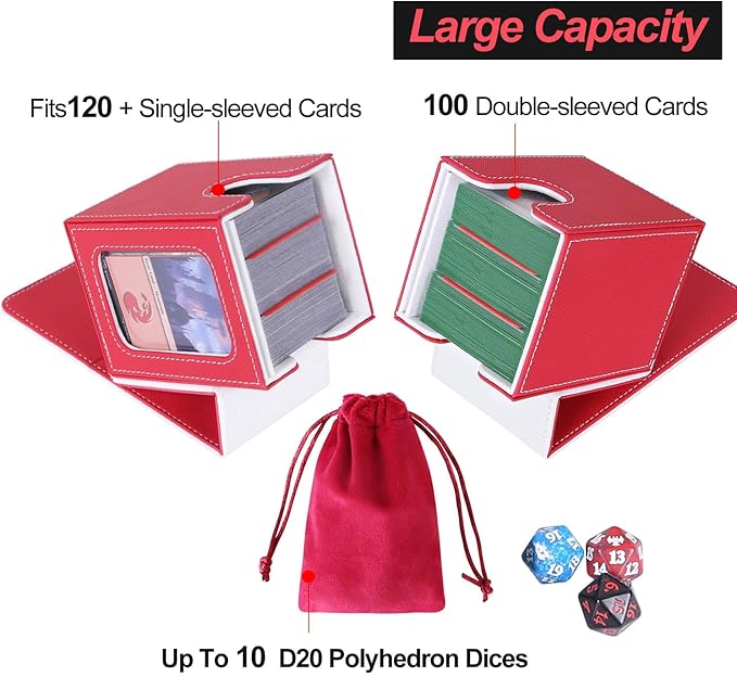 AFIING MTG Deck Box for Commander Display,Card Deck Box Fits 60+ Double Sleeved Cards or 100+single sleeved cards, Magic Commander TCG Card Storage Box with 2 Dividers,Dice Bag(Red/White)
