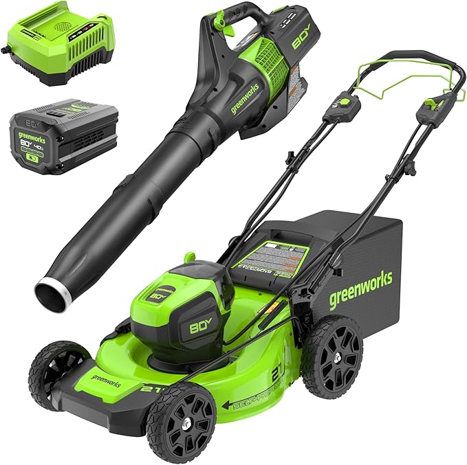 Greenworks 80V 21” Brushless (Self-Propelled) Cordless Electric Lawn Mower + (580 CFM) Axial Leaf Blower (75+ Compatible Tools), 4.0Ah Battery and 60 Minute Rapid Charger, Green and Black