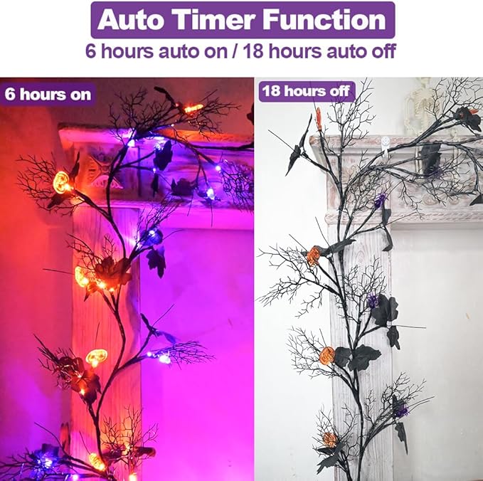 Halloween Garland with Lights 8.86FT 72LED Willow Vine Twig with Timer Black Garland Lights with Orange Pumpkins Purple Spiders and Black Leaves Dead Branches Halloween Decorations Indoor Outdoor