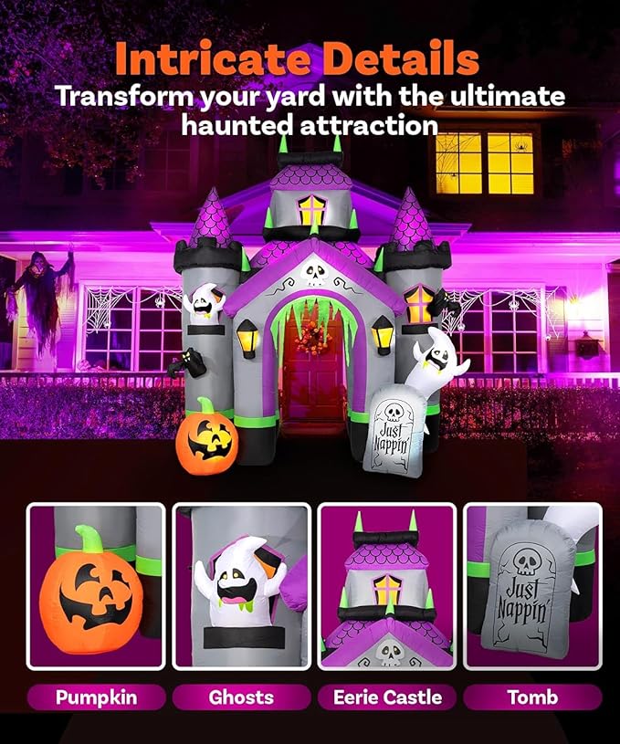 12FT Tall Halloween Inflatable Haunted House Castle, Halloween Blow Up Haunted House Inflatables Built-in 12 Bright LEDs for Halloween Inflatable Outdoor Yard Lawn Garden Decoration