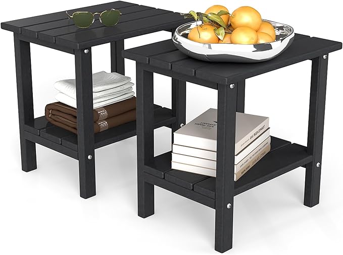 OTSUN Weather Resistant Outdoor Side Tables Set of 2, Adirondack HDPE Small Outdoor Table, 2-Tier Small Patio Tables for Outside or Indoor, Black