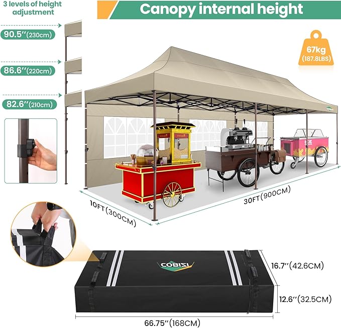 COBIZI 10x30 Heavy Duty Pop Up Canopy with 8 Sidewalls and Hexagonal Legs, Easy up Tent for Parties, Wedding and Commercial, Outdoor Canopy with Carry Bag, Sand Bags, Waterproof & UPF50+ (Khaki)
