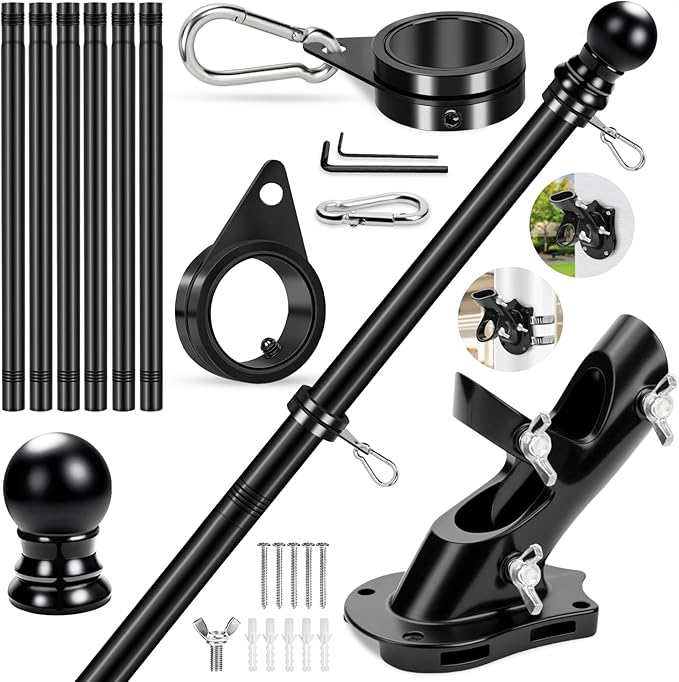 REERON Flag Pole for Outside House Porch Wall Mount, 7 FT 1" No Tangle Stainless Steel Spinning Flagpole Kit with 360° Metal Flag Pole Rings Clips & 2-Position Holder for 3x5' 4x6' American Flags