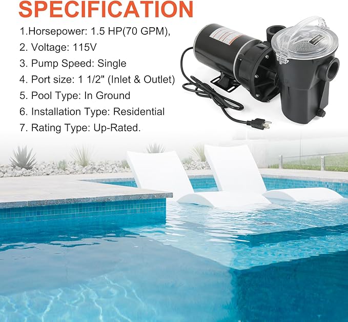Pool Pumps Above Ground 1.5 motor HP W3SP1580X15 Power Flo LX Single Speed Swimming Pools Pump 115V,11.2A,60HZ,3450RPM for In-Ground Pool and Spa