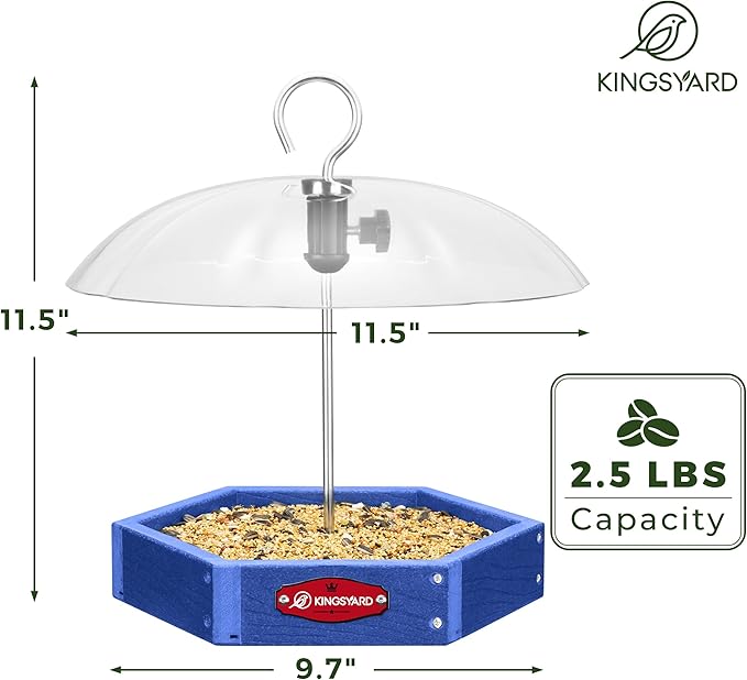 Kingsyard Large Platform Bird Feeder Outdoor Hanging, Adjustable Dome Squirrel Proof Rain Cover, Metal Mesh Tray Recycled Plastic Wild Bird Seed Feeding Station, Blue
