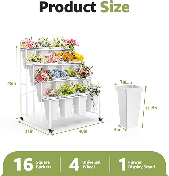 Flower Display Stand 4 Layers with 16 PCS Square Buckets, Plant Stand with Wheels, Movable Metal Plant Stand for Terrace Garden, Living Room, Florist Shop