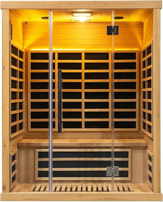 Low EMF Far Infrared Sauna for 4 Person, Canadian Hemlock Wood Sauna Room with Tempered Glass Door, WiFi Control, 220V, 12 Infrared Heaters, 3250W, Reading & 7-Color Starry Light, Oxygen Bar, Speaker