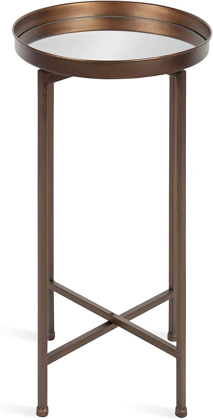 Kate and Laurel Celia Round Metal Foldable Accent Table with Mirror Tray Top, Bronze