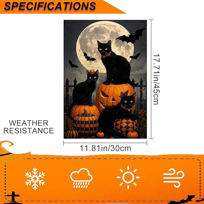 IVN Happy Halloween Garden Flag 12x18 Inch Double Sided Black Cat Pumpkin Bat Full Moon Gothic Graveyard Outdoor Yard Flag for Outside Front Door Lawn Porch Patio Welcome Decor