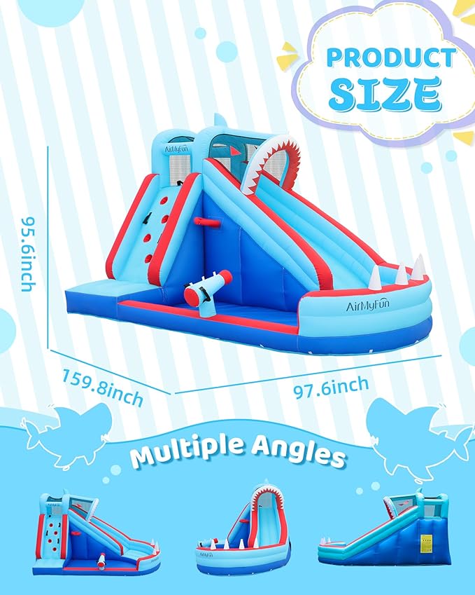 AirMyFun Bounce House, Sharks Theme Inflatable Bouncy House with Slide, Kids Bounce House Water Park with Slides Bouncer Castle with Splash Pool, Climbing Wall, Ball Shooting