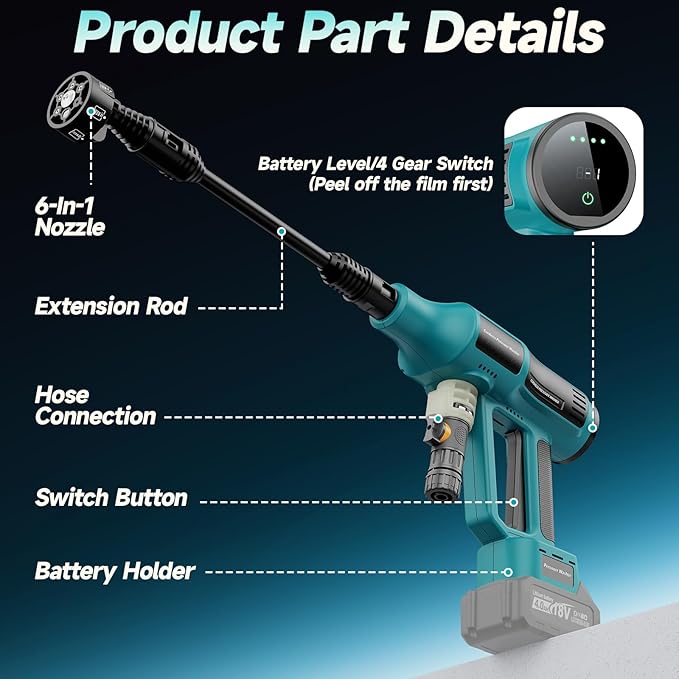 Cordless Power Washer for Makita 18V Battery, Portable Handheld Pressure Washer 700 PSI, with 5M Hose, 6-in-1 Nozzle, 4-Speed Settings, Battery Operated Pressure Washer for Car Floor Fence (Tool Only)