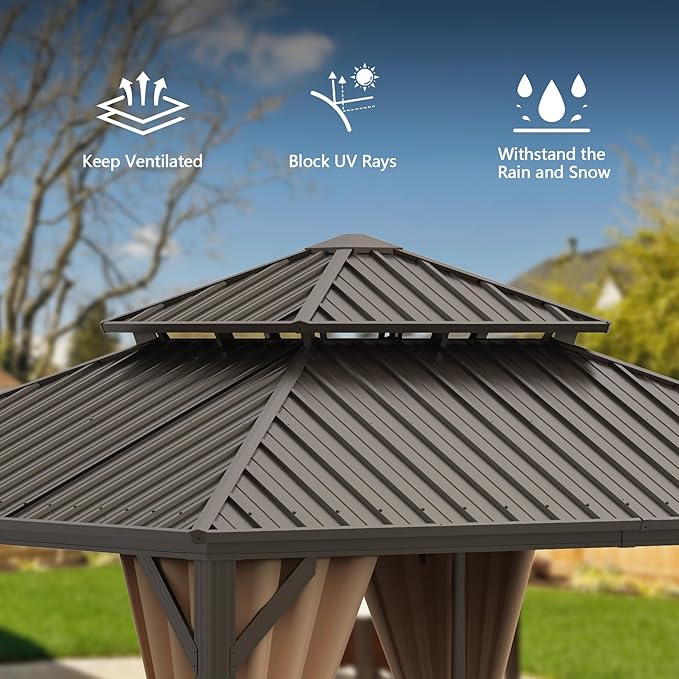 Domi 8’ X 8’ Hardtop Gazebo Canopy with Netting & Curtains, Outdoor Gazebo with Galvanized Steel Double Roof for Patio Lawn and Garden, Brown