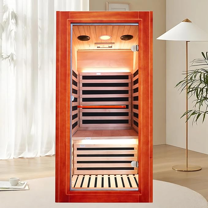 Far Infrared Sauna for Home Indoor Sauna Wooden Dry Saunas for 1 Person 1020W 110V with Control Panel, Bluetooth Speaker, Reading Lamp