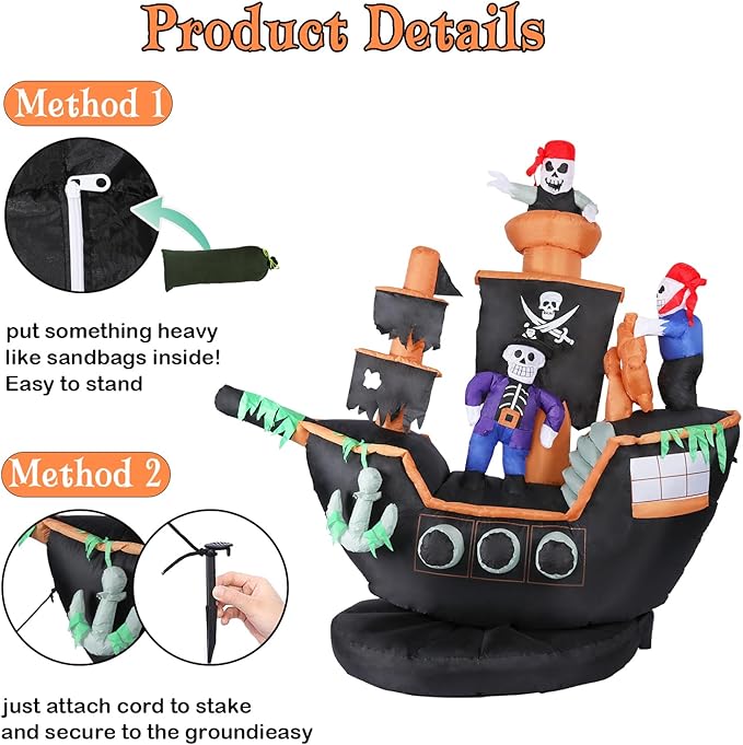 VCUTEKA 7FT Halloween Inflatable Skeletons Ghosts on Pirate Ship Outdoor Decoration, Blow Up Decor with LED Lights for Holiday Party Yard Lawn Inflatables Home Family Outside