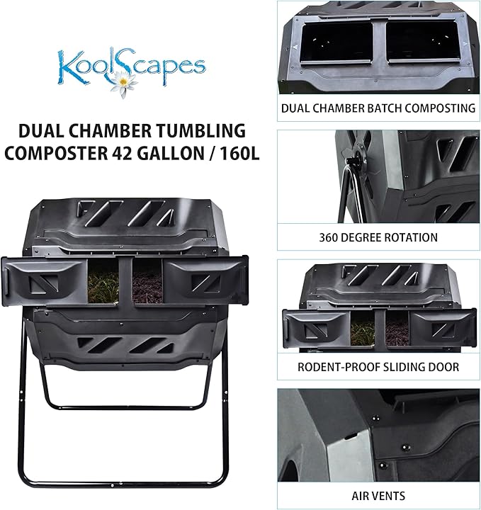 Dual Chamber Tumbling Composter 42 Gal (160L) Black Rotating Outdoor Compost Bin, Double Chamber Rotary Composter, Recycled Plastic with Steel Frame for Backyard and Vegetable Garden