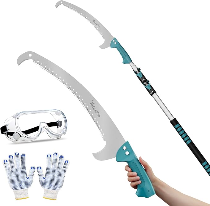 Extendable Tree Trimmer: Manual Pole Saw | 5-12ft Telescoping Pruning Pole for Tree Trimming | Saw Attachment, Safety Goggles, and Gloves Included | Trim Branches up to 2" Diameter
