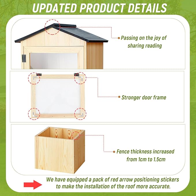 Wooden Library Box Outdoor Library, Double Outdoor Box Storage with Floor Plugs and Small Flower Fence for DIY, Community, Literature, School(Natural Wood,Steepletop)
