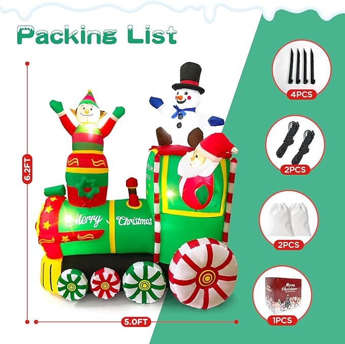 6.2FT Christmas Inflatables Train & Santa Claus Outdoor Yard Decortaions Blow-up Christmas Decor with Built-in LED Lights for Garden Lawn Party