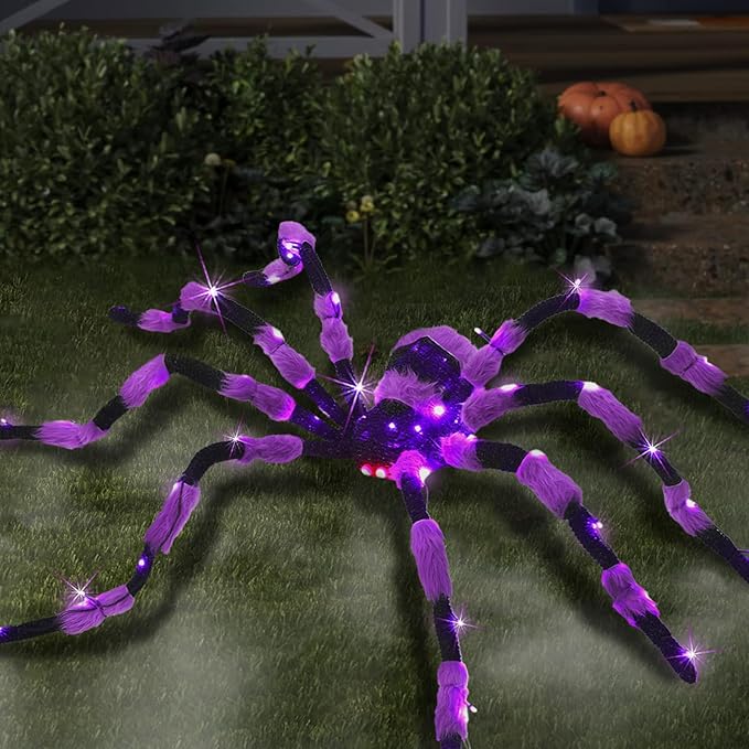Giant Spider Halloween Decorations, 60” Large Black Hairy Scary Virtual Realistic Spider with 56 LED Purple Lights Red Eyes Timer for Spiderweb Indoor Outdoor Yard Party Halloween Decor