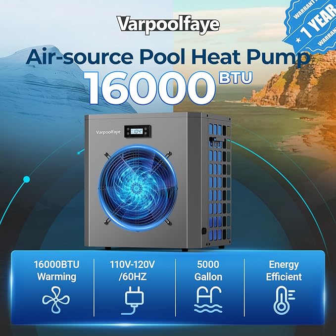 16000 BTU Above Ground Pool Heater 5000 Gallon Swimming Pool Heater Pump Heating or Cooling Electric Pool Heater For Inground Pool WiFi Control Schedule 120V