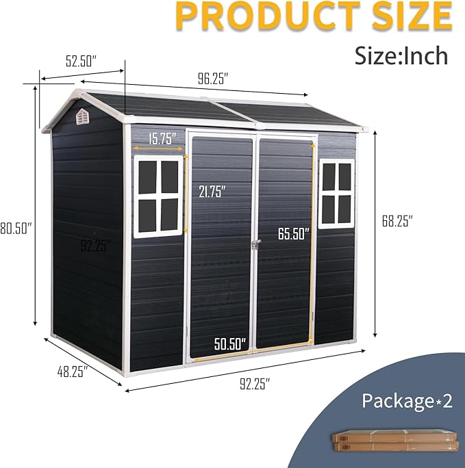 8x4ft Resin Outdoor Storage Shed with Two-Window and Double-Door, Plastic Shed with Floor for Gargen, Patio, Yard, Lawn, Grey (1 Doors) (Black, 4x8ft)