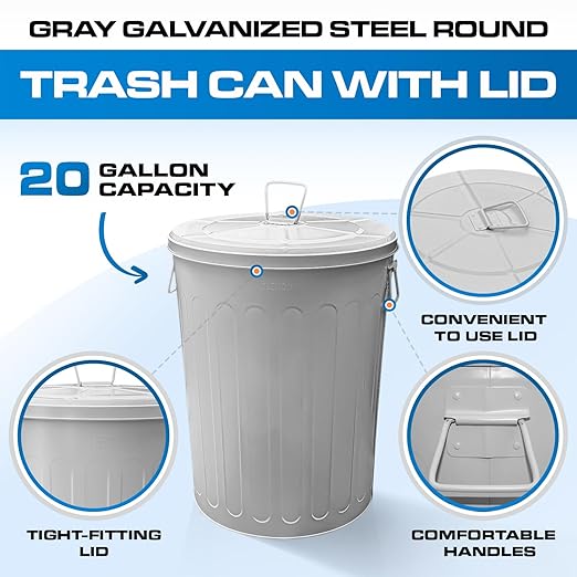 Plexon Large Metal Trash Can with Lid 20 Gallon, Decorative Outdoor Trash Can Heavy Duty Galvanized Metal Bucket with Lid for Garage Workshop Ash Storage Farmhouse, Gray 2 Pack