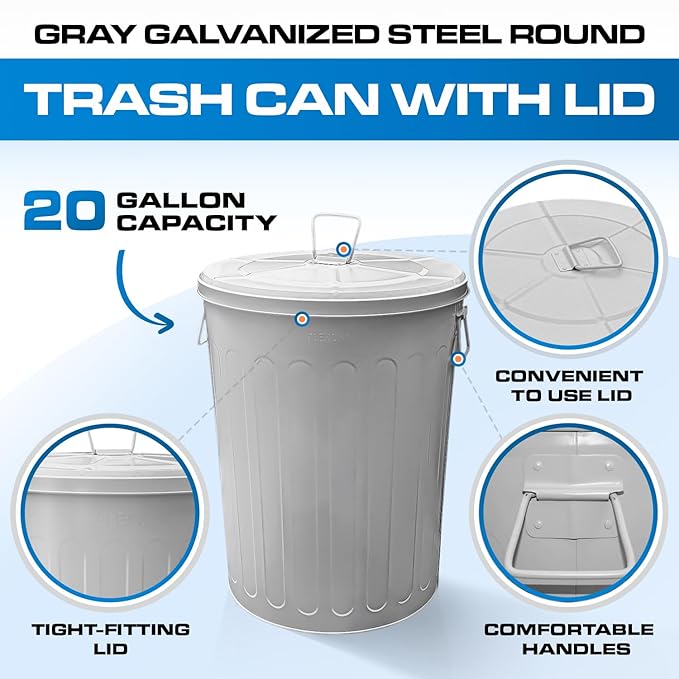 Plexon Large Metal Trash Can with Lid 20 Gallon, Decorative Outdoor Trash Can Heavy Duty Galvanized Metal Bucket with Lid for Garage Workshop Ash Storage Farmhouse, Gray 3 Pack