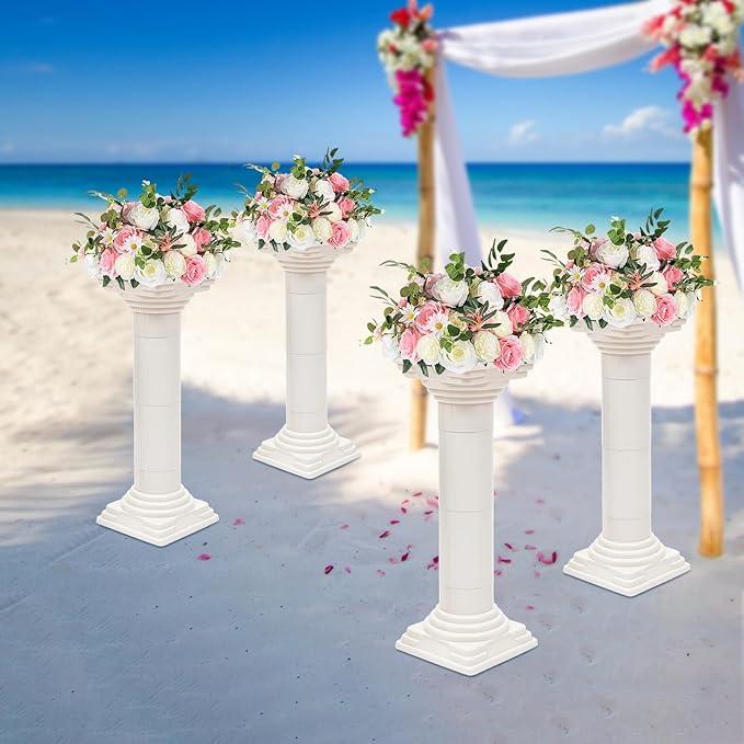 Roman Columns Wedding Column Stand Roman Pillar Plant Stand Plastic Greek Column Statue Pedestal Flower Pot Holder Decor, Wedding Event Party Elegant Decorative Column (White, 4Pcs, 11.4x31.5 Inch)