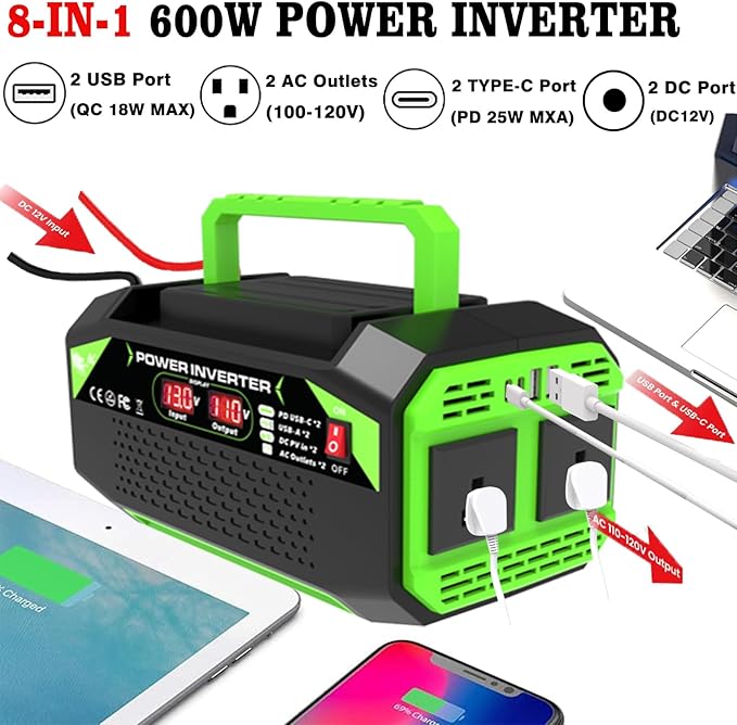 600W Power Inverter, 12V DC to 110V AC Converter with LED Display, 2 AC Outlets, 2 PD 25W Type-C, 2 QC 18W USB-A(4.2A)，2 DC Port, for Road Trips Laptop Computer