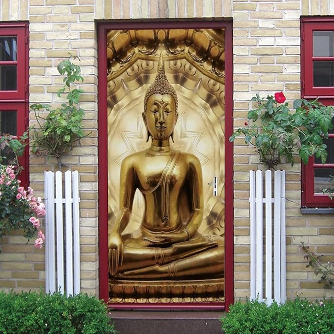 3D Buddha Statue Door Stickers Murals - Peel and Stick Wallpaper Self-Adhesive Decals - Removable PVC Waterproof Poster for Bedroom Living Room 31.5" x 78.7"