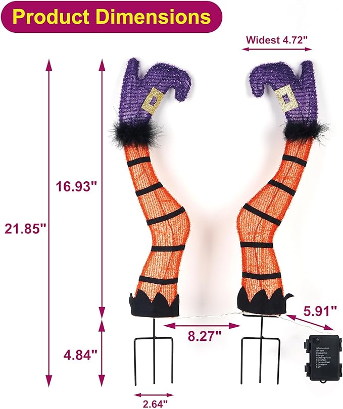 Halloween Lighted Witch Legs with Stakes, 22" Light Up Witch Feet with Timer & 8 Lighting Modes, Battery Operated Witch Decor for Indoor Outdoor Porch Planter Garden Decor(17" Leg+5" Stake)